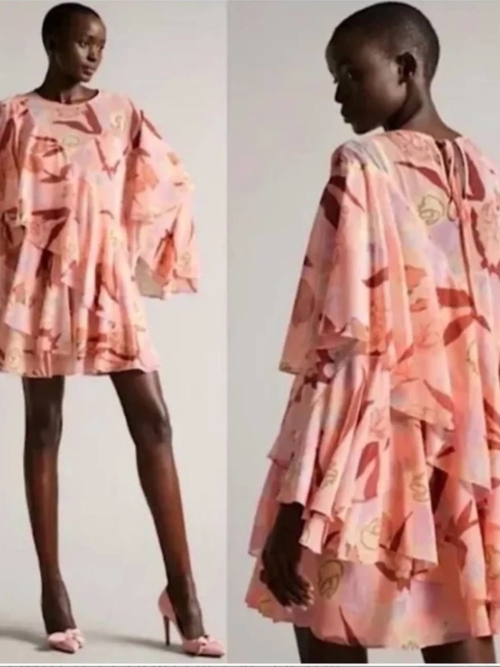 Ted Baker Pegaia coral floral print with layered ruffled mini dress